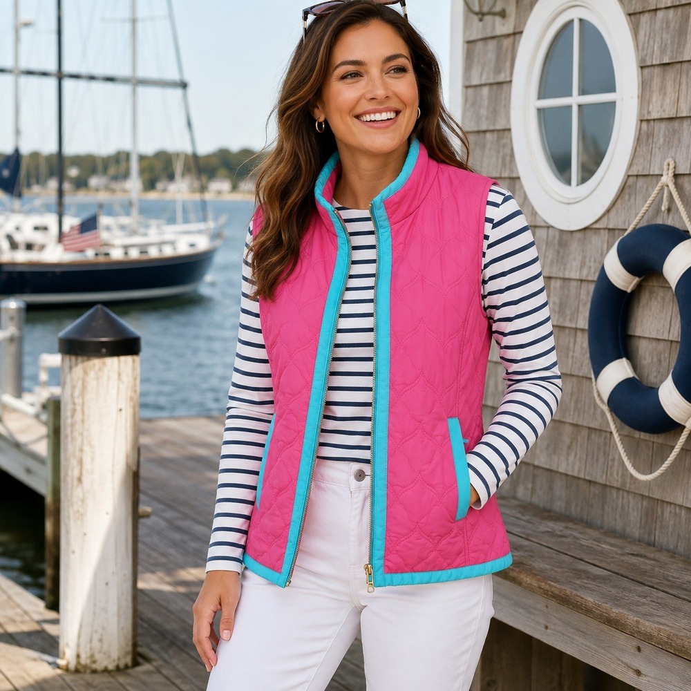 Vineyard Vines Womens Quilted Vest Full Zip Pink Turquoise Whale Lining XS